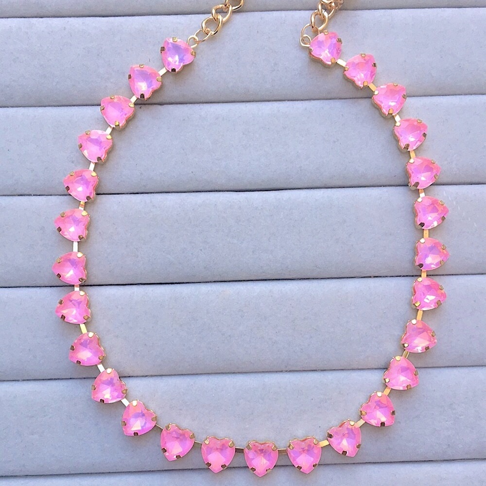 Pink Opal Aurora Borealis + Gold Crystal Heart Tennis Statement Necklace
